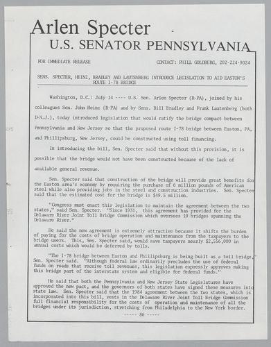 Senators Specter, Heinz, Bradley, and Lautenberg introduce legislation to aid Easton's Route I-78 bridge