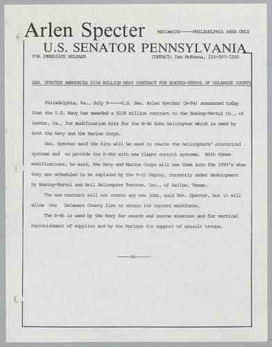 Senator Specter announces $158 million Navy contract for Boeing-Vertol of Delaware County