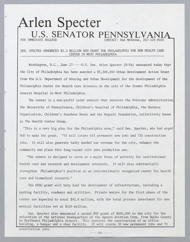 Senator Specter announces $5.3 million HUD grant for Philadelphia for new health care center in West Philadelphia