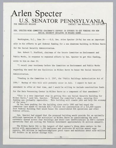 Senator Specter wins committee chairman's support in efforts to get funding for new Social Security building in Wilkes-Barre