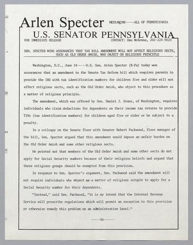 Senator Specter wins assurances that tax bill amendment will not affect religious sects, such as Old Order Amish, who object on religious principle