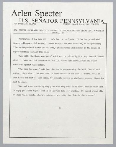 Senator Specter joins with Senate colleagues in cosponsoring very strong anti-apartheid legislation