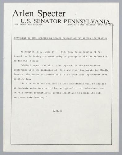 Statement by Senator Specter on Senate passage of tax reform legislation