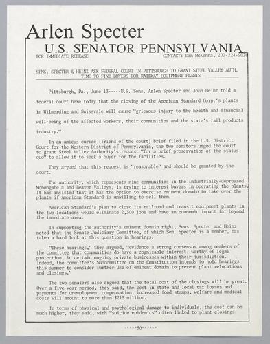Senators Specter and Heinz ask federal court in Pittsburgh time to grant Steel Valley Authority time to find buyers for railway equipment plants