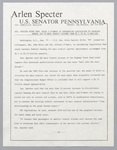 Senator Specter joins Senators Heinz and D'Amato in introducing legislation to increase annual aid to mass transit systems from $1.1 to $1.75 million