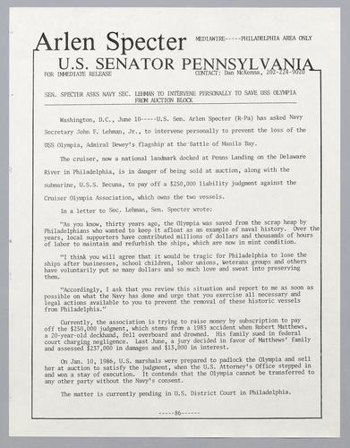 Senator Specter asks Navy Secretary to intervene personally to save U.S.S. Olympia from auction block