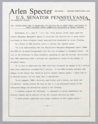 Senator Specter urges FEMA to reconsider its decision not to grant public assistance to those Allegheny County communities devastated by recent flooding
