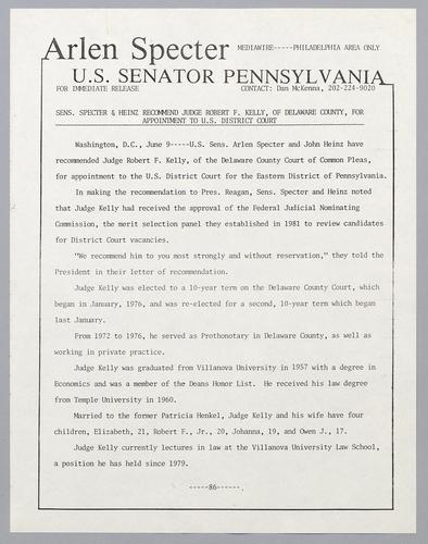 Senators Specter and Heinz recommend judge Robert F. Kelly, of Delaware County, for appointment to U.S. District Court