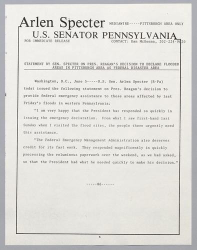 Statement by Senator Specter on President Reagan's decision to declare flooded areas in Pittsburgh area as federal disaster area