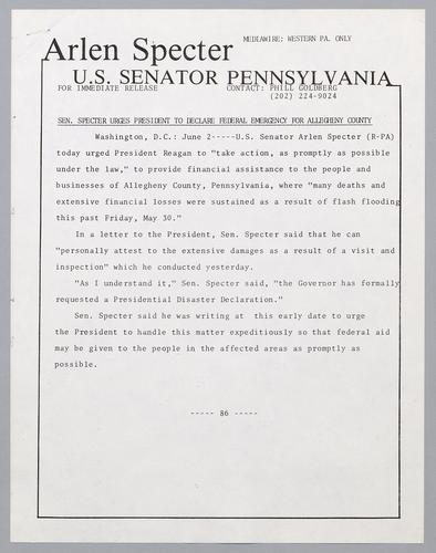Senator Specter urges President to declare federal emergency for Allegheny County