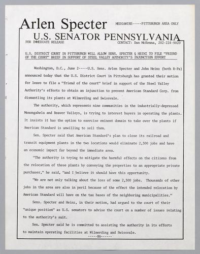 U.S. District Court in Pittsburgh will allow Senators Specter and Heinz to file "friend of the court" brief in support of Steel Valley Authority's injunction effort
