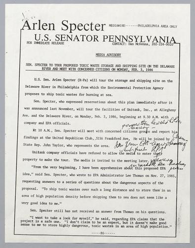 Senator Specter to tour proposed toxic waste storage and shipping site on the Delaware River and meet with concerned citizens on Monday, February 3, 1986