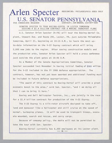 Senator Specter to tour Boeing-Vertol in Lester tomorrow; seeking a $1.4 billion contract for a marine transport plane