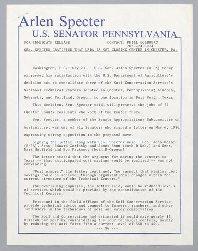 Senator Specter gratified that USDA is not closing center in Chester, PA