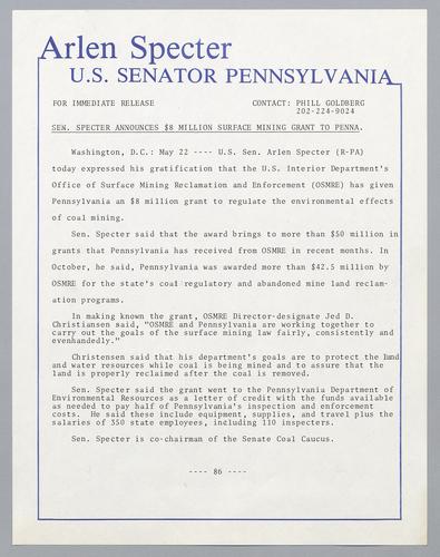 Senator Specter announces $8 million surface mining grant to Pennsylvania