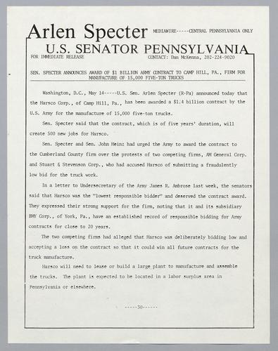 Senator Specter announces award of $1 billion Army contract to Camp Hill, PA, firm for manufacture of 15,000 five-ton trucks