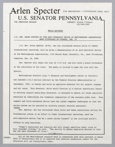 U.S. Senator Arlen Specter to view anti-terrorist device at Westinghouse Laboratories near Pittsburgh on Tuesday, January 14