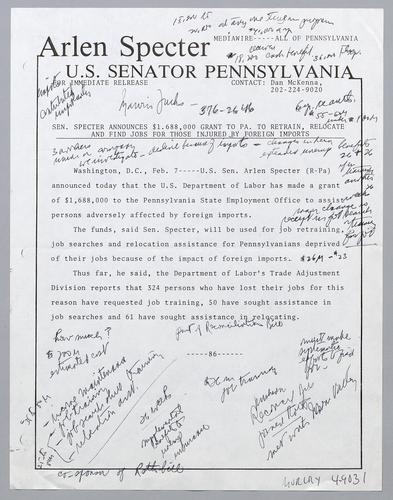 Senator Specter announces $1,688,000 grant to PA to retrain, relocate, and find jobs for those injured by foreign imports
