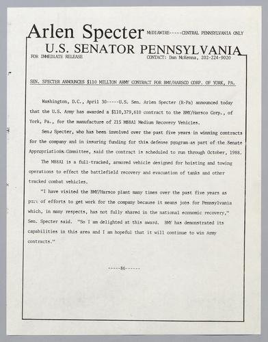 Senator Specter announces $110 million Army contract for BMY/Harsco Corp. of York, PA