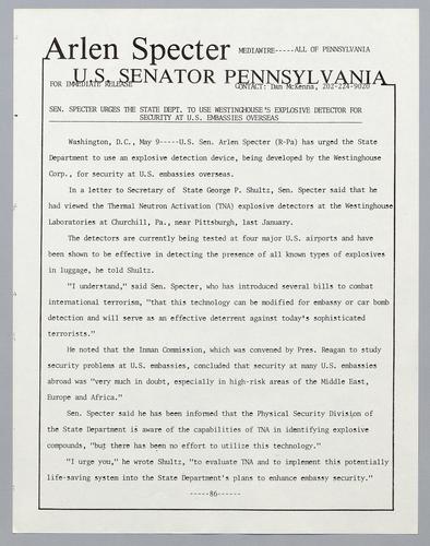 Senator Specter urges the State Dept. to use Westinghouse's explosive detector for security at U.S. embassies overseas