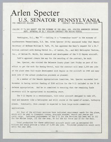 Calling it "a big boost" for the economy of the area, Senator Specter announces Defense Department approval of $1.7 billion contract for Boeing-Vertol