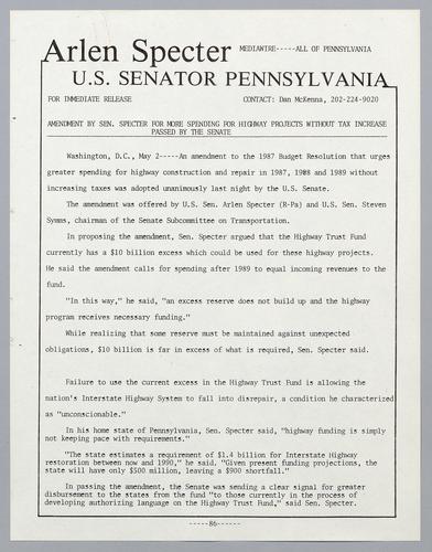 Amendment by Senator Specter for more spending for highway projects without tax increase passed by the Senate