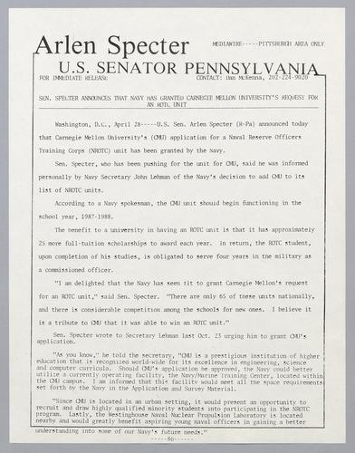 Senator Specter announces that Navy has granted Carnegie Mellon University's request for an ROTC unit