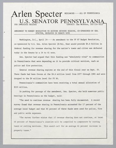 Amendment to budget resolution to restore revenue sharing, co-sponsored by Senator Specter, defeated in Senate vote