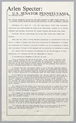 Senator Specter introduces legislation that would broaden his Armed Career Criminal Act to include violent felons and serious drug criminals, as well as robbers and burglars