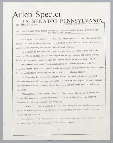 Senator Specter asks President Reagan to convene emergency board to deal with impending nationwide rail strike
