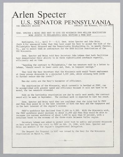 Senators Specter and Heinz urge Navy to give U.S.S. Wisconsin $400 million reactivation work jointly to Philadelphia Naval Shipyard and Penn Shipyard