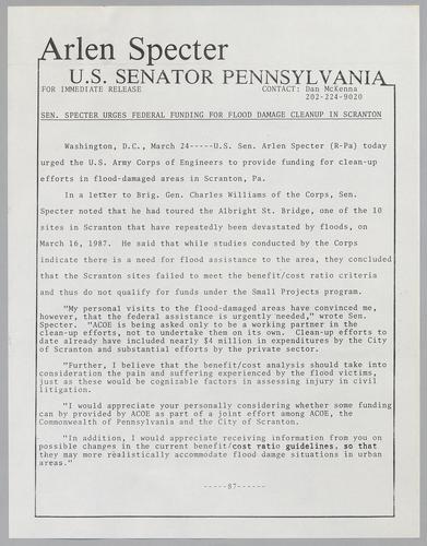 Senator Specter urges federal funding for flood damage cleanup in Scranton