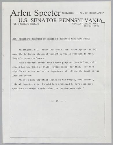 Senator Specter's reaction to President Reagan's news conference