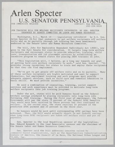 Job training bill for welfare recipients introduced by Senator Specter endorsed by Senate Committee on Labor and Human Resources
