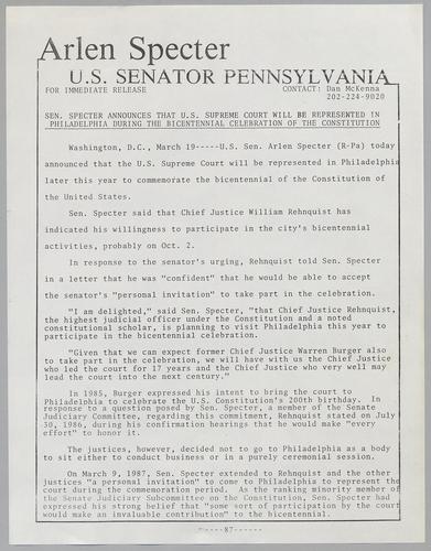 Senator Specter announces that U.S. Supreme Court will be represented in Philadelphia during the bicentennial celebration of the constitution