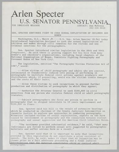 Senator Specter continues fight to curb sexual exploitation of children and women