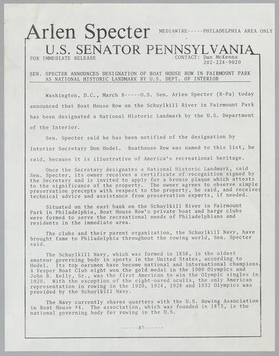Senator Arlen Specter announces designation of boat house row in Fairmount Park as National Historic Landmark by U.S. Department of Interior