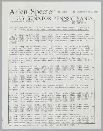 Senator Specter opposes closing of Philadelphia Naval Hospital; asks for specifics on proposed alternatives for providing medical services