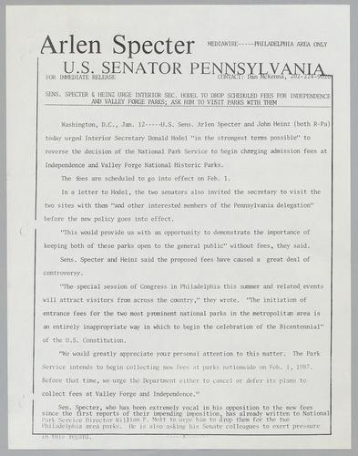 Senators Specter and Heinz urge Interior Secretary Hodel to drop scheduled fees for Independence and Valley Forge Parks; ask him to visit parks with them