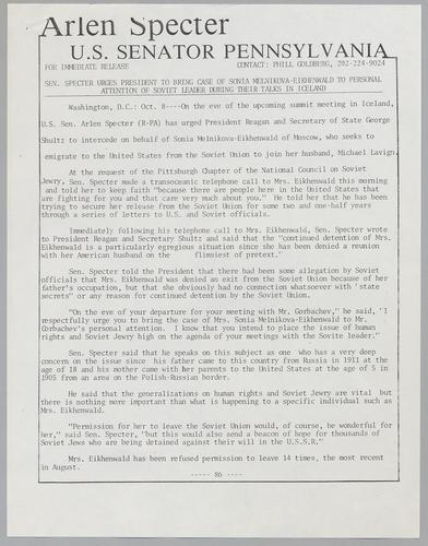 Senator Specter urges President to bring case of Sonia Melnikova-Eikhenwald to personal attention of Soviet leader during their talks in Iceland