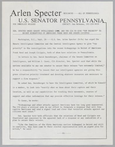 Senator Specter urges Senate Intelligence Committee and the CIA to give "top priority" to Beirut kidnappings of Americans Frank Reed and Joseph Cicippio