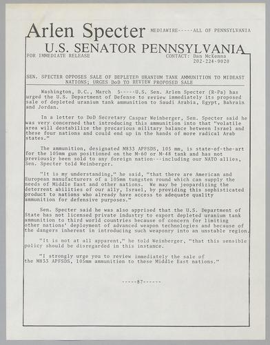 Senator Specter opposes sale of depleted uranium tank ammunition to Mideast nations; urges DOD to review proposed sale