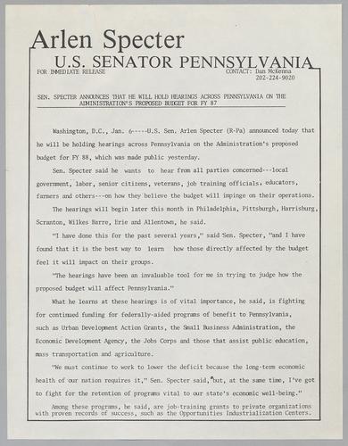 Senator Specter announces that he will hold hearings across Pennsylvania on the administration's proposed budget for fiscal year 1987