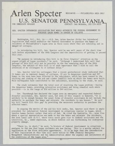 Senator Specter introduces legislation that would authorize the federal government to purchase Logan homes in danger of collapse