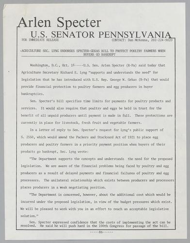 Agriculture Secretary Lyng endorses Specter-Gekas bill to protect poultry farmers when buyers go bankrupt