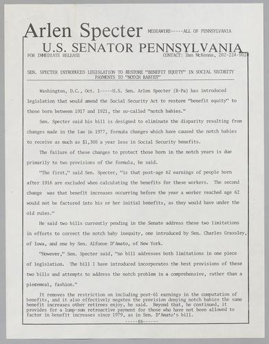 Senator Specter introduces legislation to restore "benefit equity" in Social Security payments to "notch babies,"