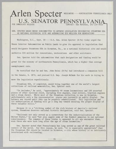 Senator Specter urges House subcommittee to approve legislation designating Steamtown USA as national historic site and authorizing $35 million for renovations
