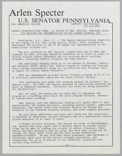 Senate Appropriations Committee, at urging of Senator Specter, provides extra $10 million for implementation of his Career Criminal Act