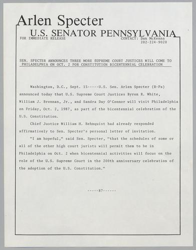 Senator Specter announces three more Supreme Court justices will come to Philadelphia on October 2, for Constitution bicentennial celebration