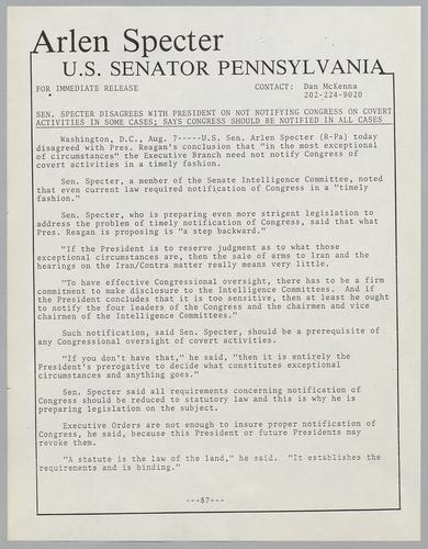 Senator Specter disagrees with President on not notifying Congress on covert activities in some cases; says Congress should be notified in all cases